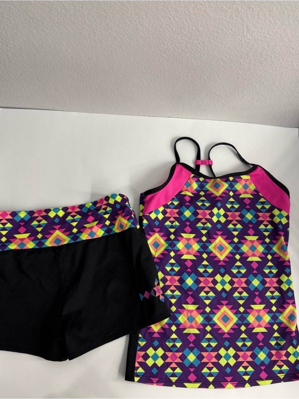 Geometric Neon Tankini Set - Pink, Purple, Yellow, Blue